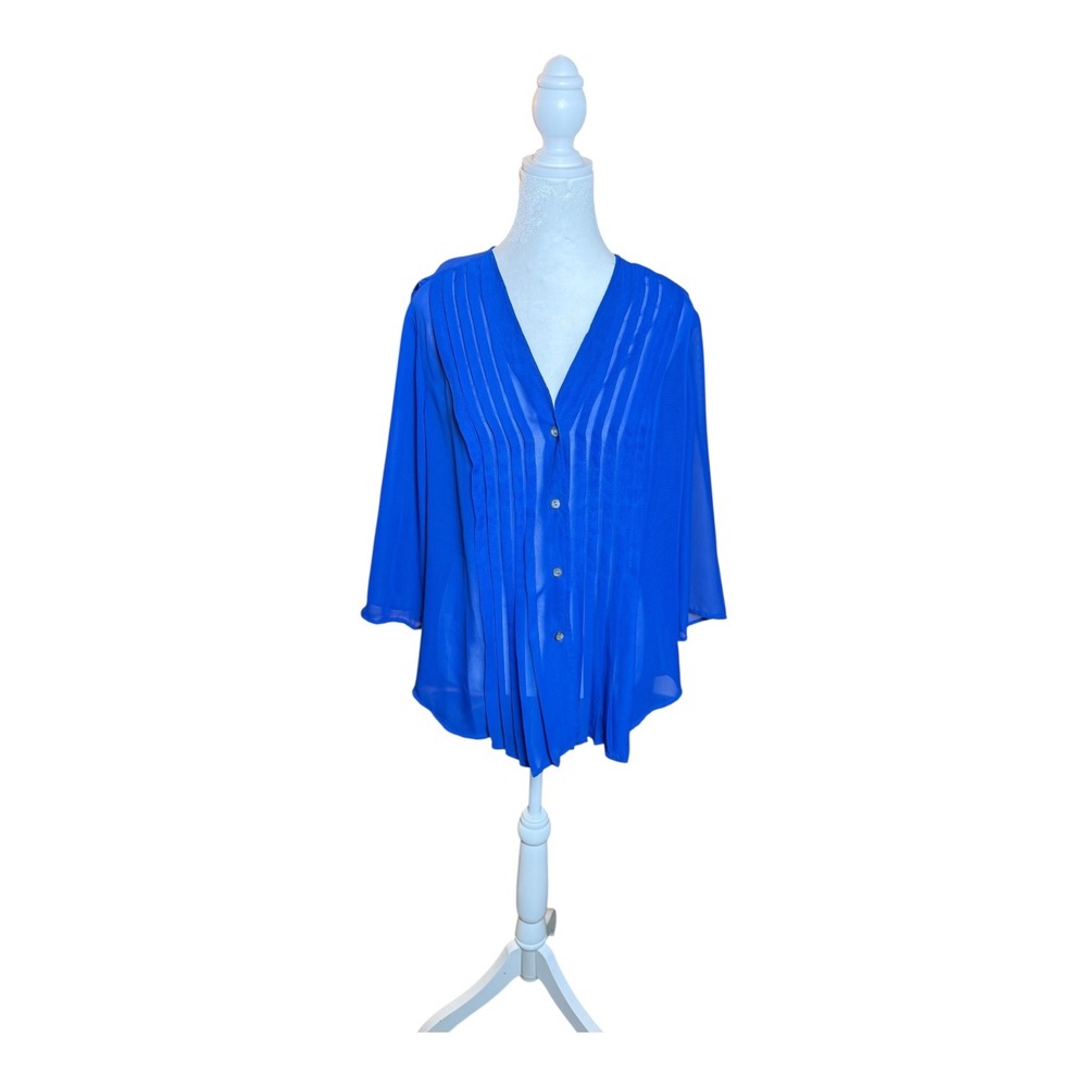 Additions‎ by Chico's Blouse Large/2 Blue 3/4 Sleeve V Neck Pleated Semi-Sheer